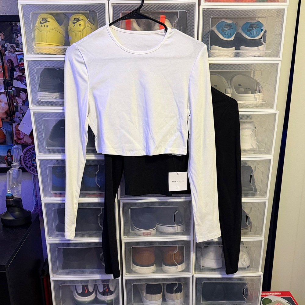 White and Black Long Sleeve Crop Tops